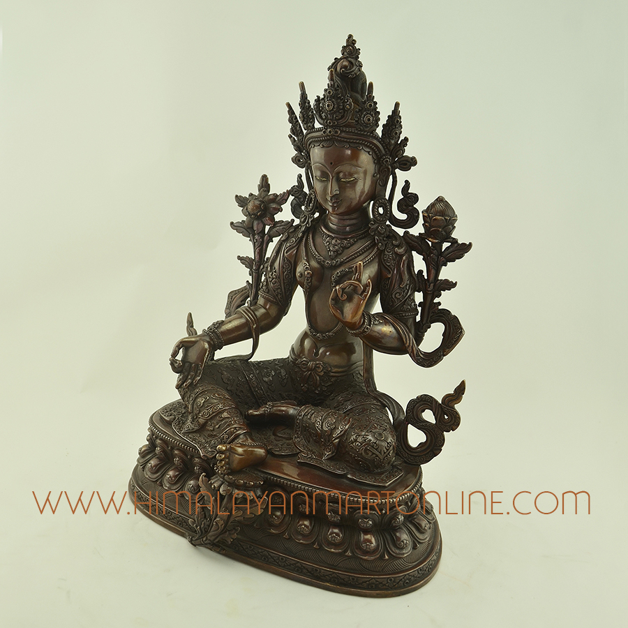 Finely Hand Carved 13 Green Tara Drolma Copper Statue From Patan Nepal