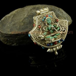 Green Tara & Chenrezig Silver Ghau Pendant