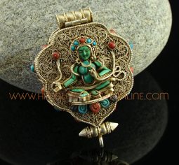 Green Tara & Chenrezig Silver Ghau Pendant