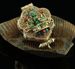 Green Tara & Chenrezig Silver Ghau Pendant