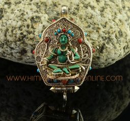 Green Tara & Chenrezig Silver Gau Pendant