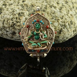 Green Tara & Chenrezig Silver Gau Pendant