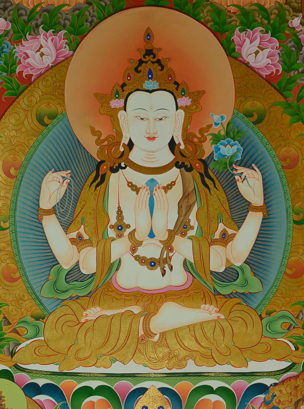 Chenrezig Thangka Painting: Chenrezig, Also Called Avalokiteshvara.