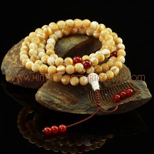 7.5 mm Natural Mother of Pearl 108 Prayer Beads Mala with Carnelian Partition Beads
