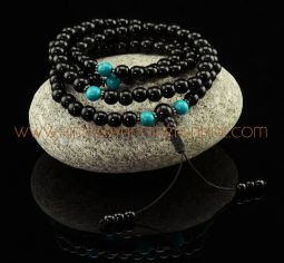 8 mm Black Onyx 108 Prayer Beads Mala with Turquoise Partition Beads