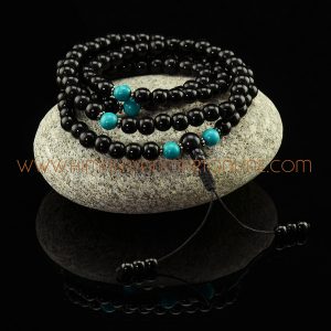 8 mm Black Onyx 108 Prayer Beads Mala with Turquoise Partition Beads
