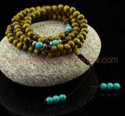 8 mm Wooden 108 Prayer Beads Mala with Turquoise Partition Beads