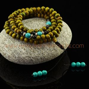 8 mm Wooden 108 Prayer Beads Mala with Turquoise Partition Beads
