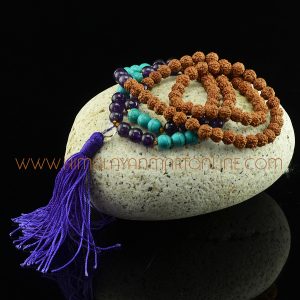 8 mm Rudraksha 108 Prayer Beads Mala with Amethyst and Turquoise Decoration Beads