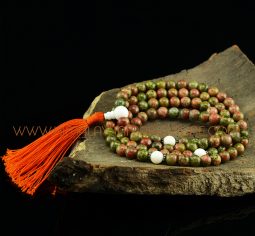 8 mm Unakite 108 Prayer Beads Mala with Conch Shell Partition Beads