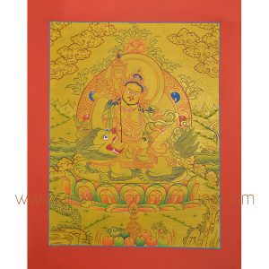 15.5" x 12.25" Lion Dzambhala / Vaishravana Thangka Painting