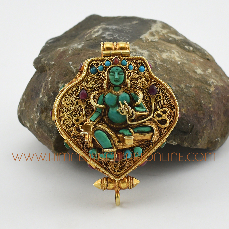 Green Tara & Chenrezig Silver Ghau Pendant