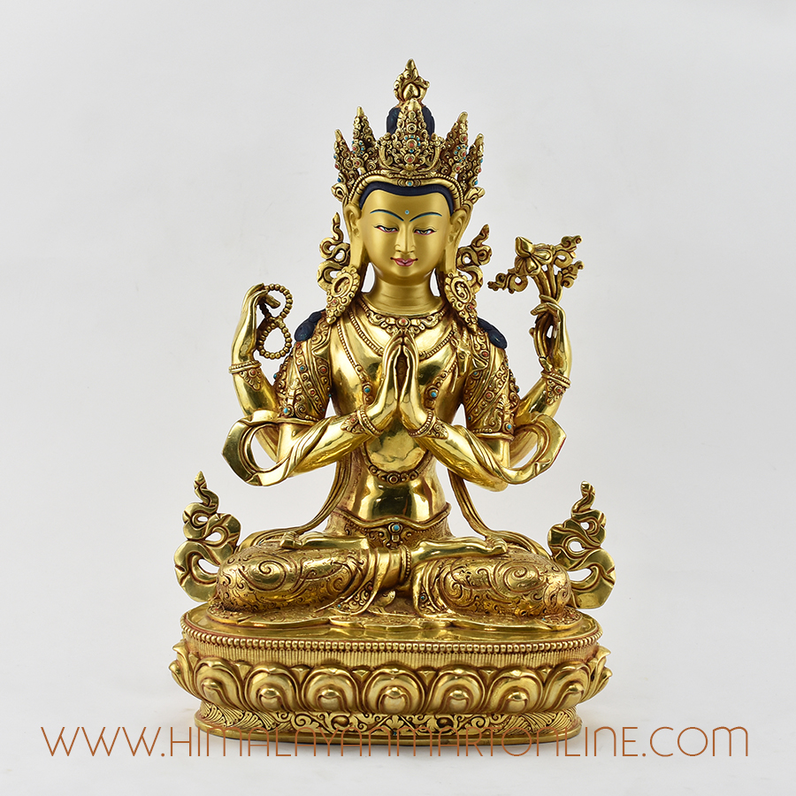 hand_carved_gold_gilded_face_painted_chenrezig_four_armed_avalokiteshvara_copper_statue