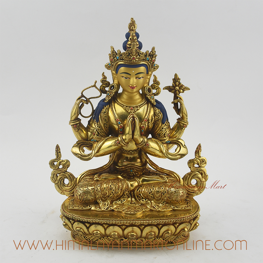 Gold Detailed Chenrezig Four Armed Avalokiteshvara Copper Statue