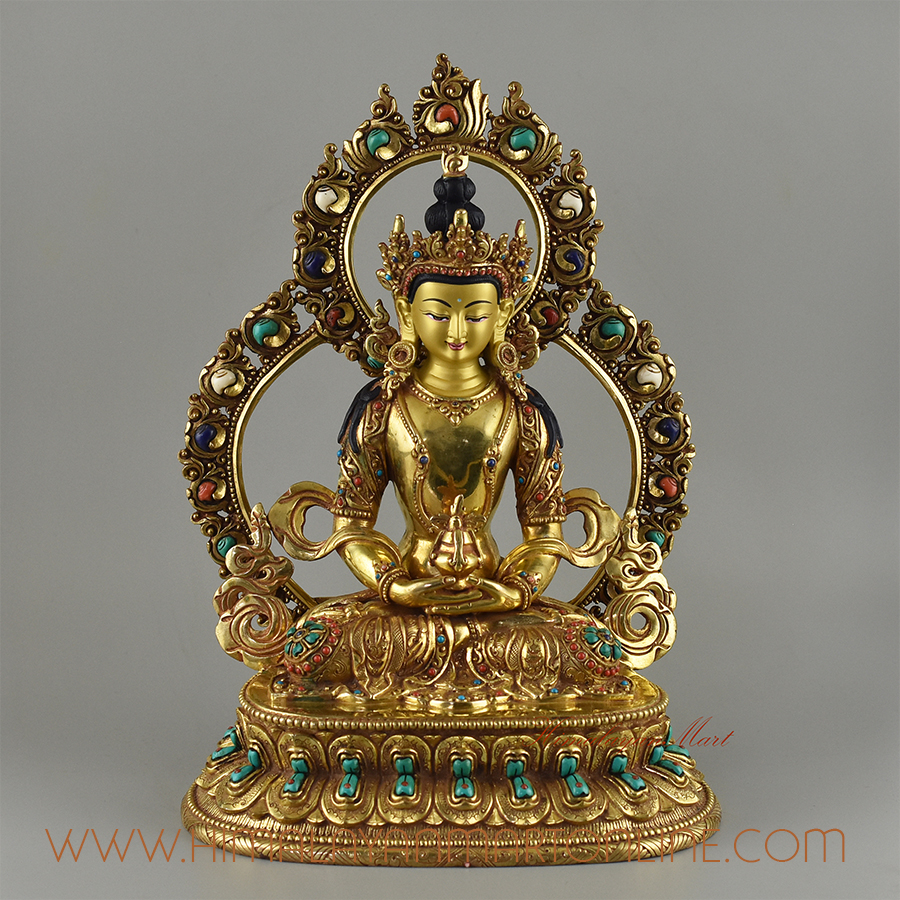 Gold Inlaid Aparmita / Amitayus / Tsepame Copper Statue