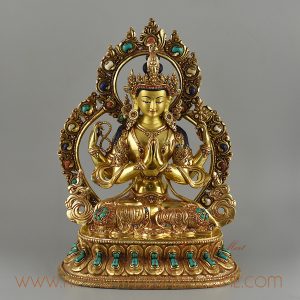 Gold Inlaid Chenrezig Four Armed Avalokiteshvara Copper Statue