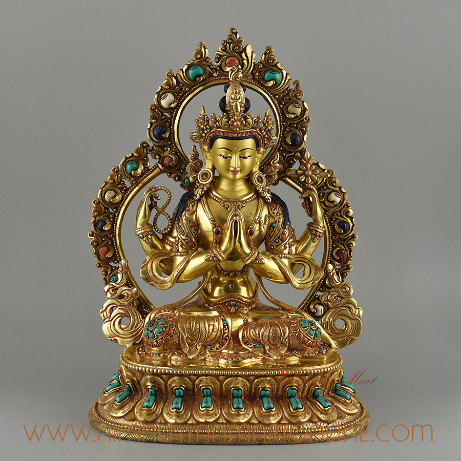 Gold Inlaid Chenrezig Four Armed Avalokiteshvara Copper Statue