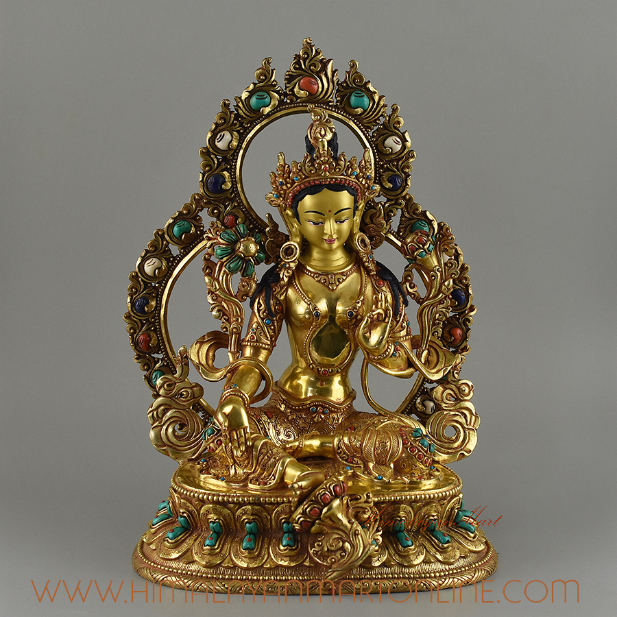 Gold Inlaid Green Tara / Dholma Copper Statue