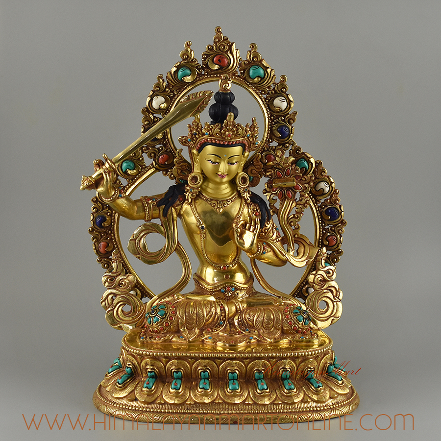 Gold Inlaid Manjushri / Manjushree / Jambiyang Copper Statue