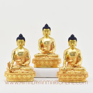 Front view of handcrafted 3 Buddhas Statue Set featuring Amitabha, Medicine, and Shakyamuni Buddhas.