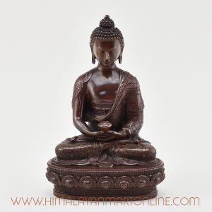Front view of handcrafted Amitabha Buddha Figurine in oxidized copper finish.