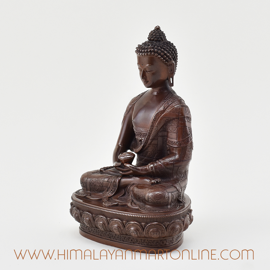 Left side view of Amitabha Buddha Figurine with oxidized finish.
