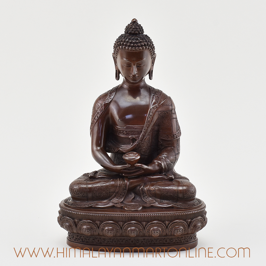 Front view of handcrafted Amitabha Buddha Figurine in oxidized copper finish.