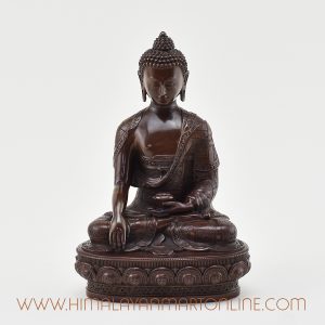 Front view of handcrafted Shakyamuni Buddha Figurine in oxidized copper