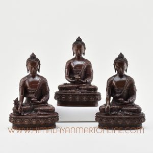 Front view of the handcrafted Three Buddha Figures Collection featuring Amitabha, Medicine, and Shakyamuni Buddhas.