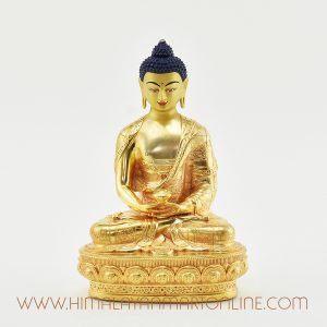 Hand-carved Tibetan Amitabha Buddha sculpture in copper with gold plating — front view