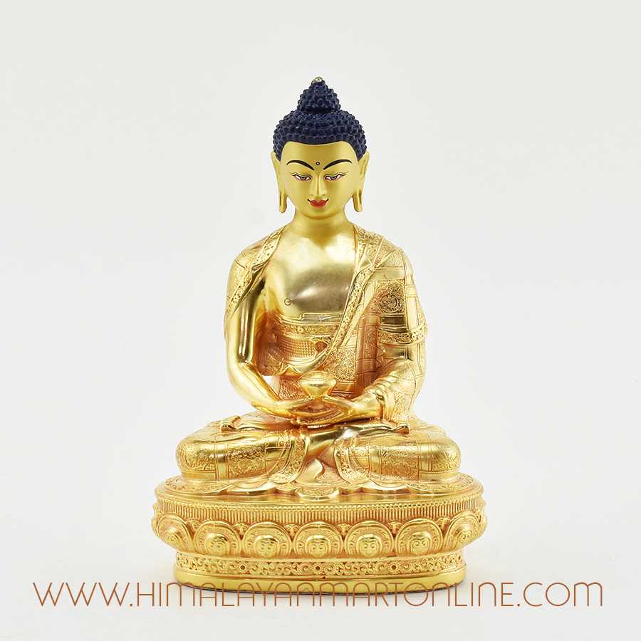 Hand-carved Tibetan Amitabha Buddha sculpture in copper with gold plating — front view