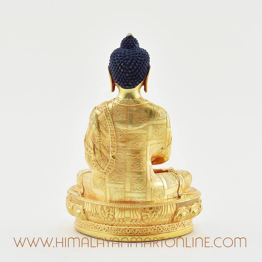 Back of Tibetan Amitabha Buddha sculpture with intricate copper and gold-plated designs