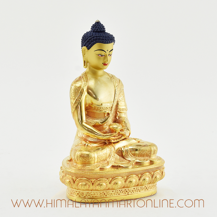 Right side of hand-carved Tibetan Amitabha Buddha sculpture, copper with gold plating