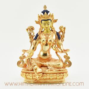 Front view of Tibetan Buddhism Tara Statue handcrafted in gold-plated copper.