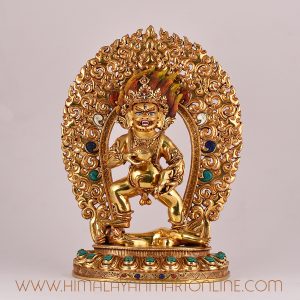 Front view of a Black Dzambala statue, Tibetan wealth deity sculpture for home altar.