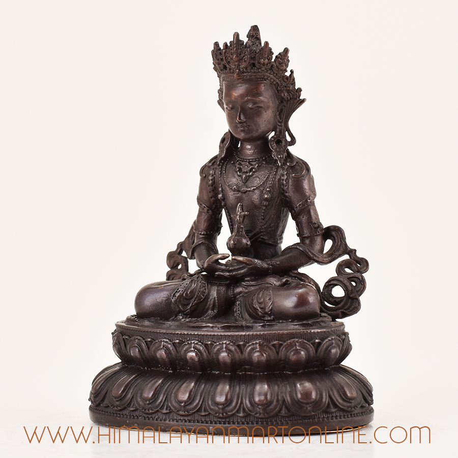 Left side view of Amitayus statue for sale, Tibetan Buddhist meditation sculpture showcasing intricate hand-carved details