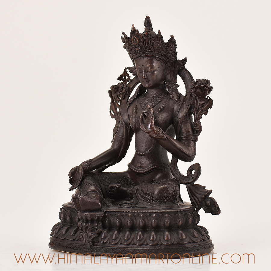 Green Tara Statue for Sale – left side view of handcrafted Tibetan Buddhist sculpture