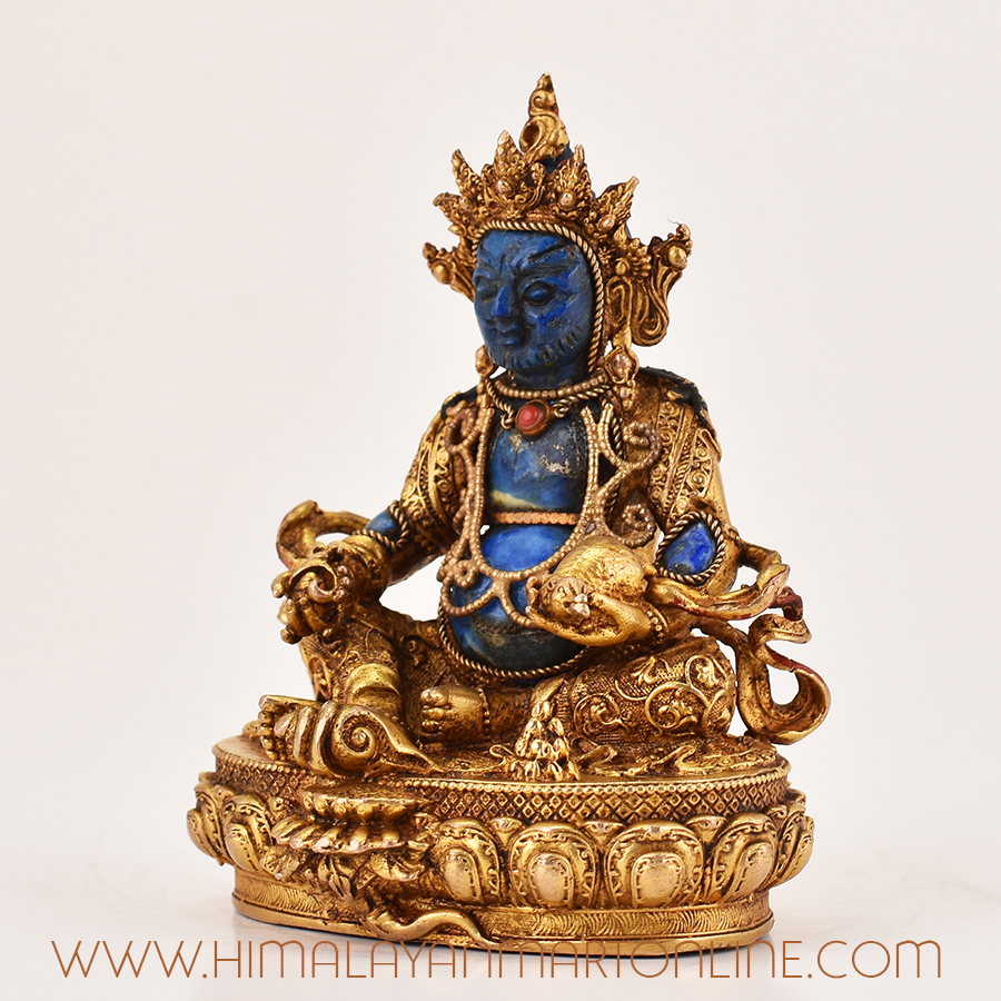 Left side view of Lapis Inlaid Yellow Dzambhala Statue with lapis inlaid copper alloy craftsmanship