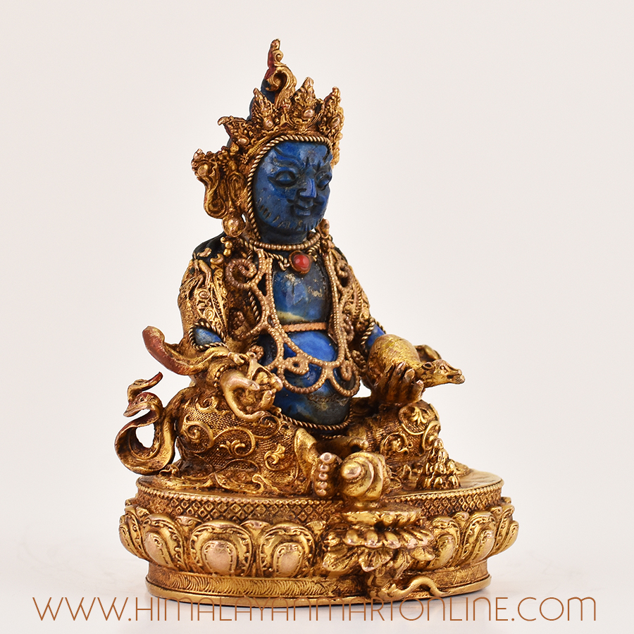 Right side view of Lapis Inlaid Yellow Dzambhala Statue showing handcrafted copper details and gemstone inlay