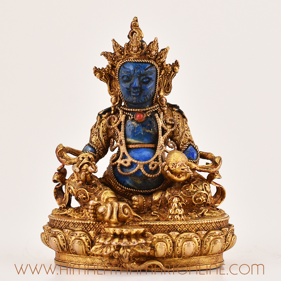 Front view of Lapis Inlaid Yellow Dzambhala Statue, Tibetan Buddhist wealth deity with gold-plated copper and lapis stones