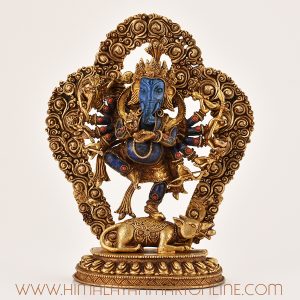 Lapis inlay Ganesh statue with coral accents, Hindu Buddhist spiritual icon