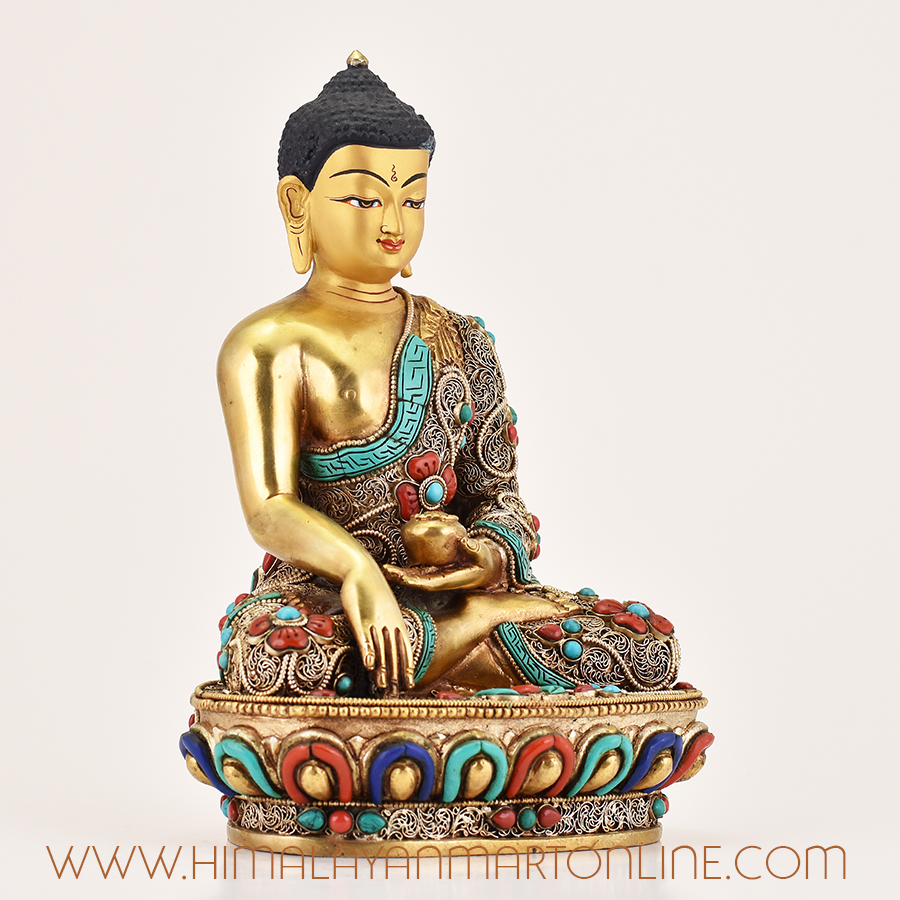Right side view of Shakyamuni Buddha Altar Statue, handcrafted meditation art from Nepal