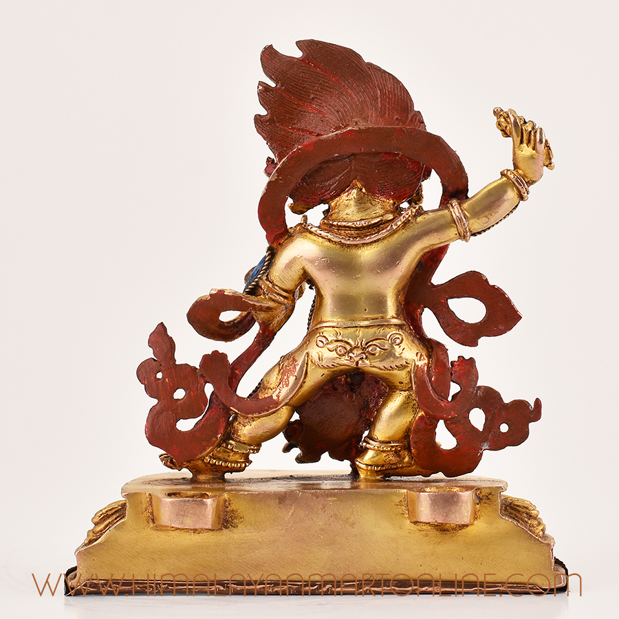 Back view of Tibetan Vajrapani Lapis Statue without frame, handcrafted copper protector with lapis inlay
