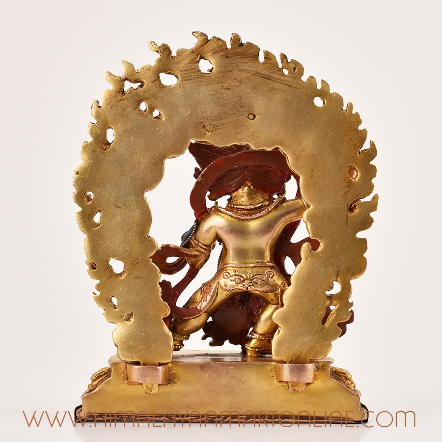 Back view of Tibetan Vajrapani Lapis Statue, showing handcrafted copper details and traditional design
