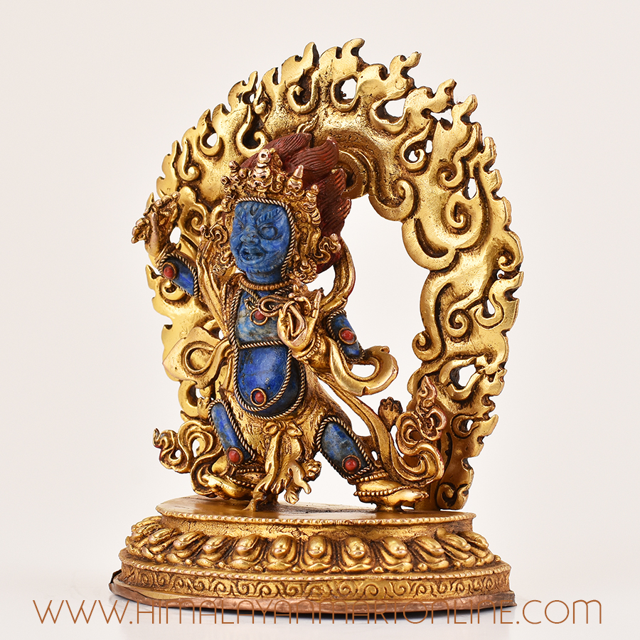 Left view of Tibetan Vajrapani Lapis Statue, handcrafted copper alloy protector with lapis and coral stones