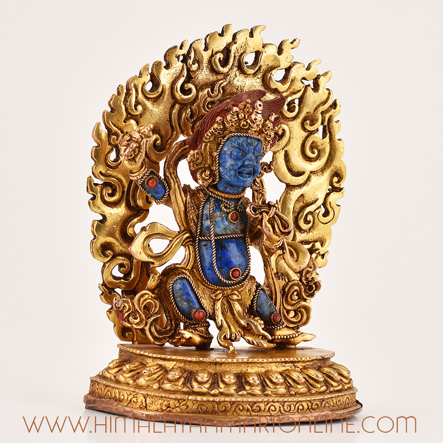 Right side of Tibetan Vajrapani Lapis Statue, showing hand-carved copper alloy protector details