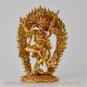 Simha Mukha Yogini Statue on altar, front view, gold-plated copper alloy